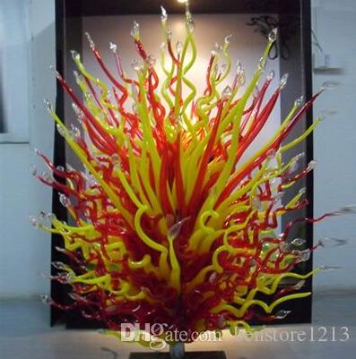 Glass floor lamp with red and yellow shades, ideal for hotel, home, or garden decor, featuring handcrafted Murano glass sculptures