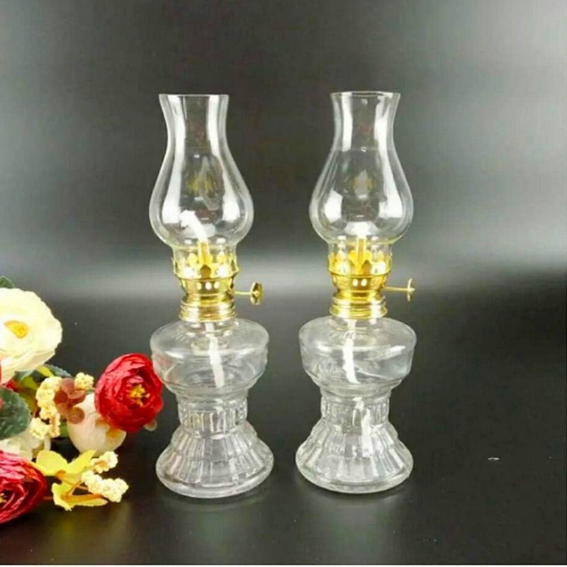 Glass kerosene oil lamps with vintage transparent design for desktop, home emergency, outdoor wind-resistant camping, and tent use, sold in pairs