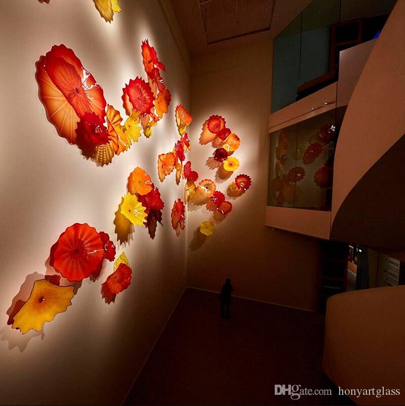Glass Wall Art Dale Hand Blown Hanging Plates Flower Orange Red for Hotel Decoration Kids Room Ideas Murano Plates