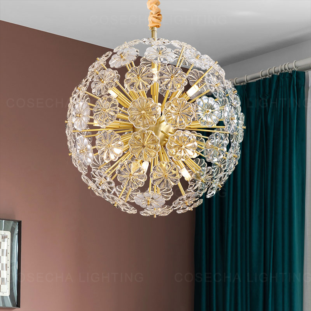 Globe bronze chandelier with gold accents and luxury crystal petals in a spherical dandelion design for living rooms