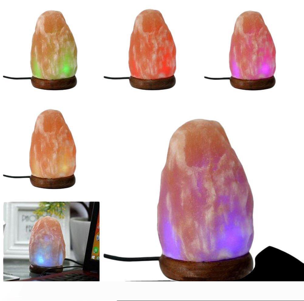 Glow Hand Carved Natural Crystal Himalayan Salt Lamp featuring a Genuine Neem Wood Base, multicolor LED Bulb and USB Plug
