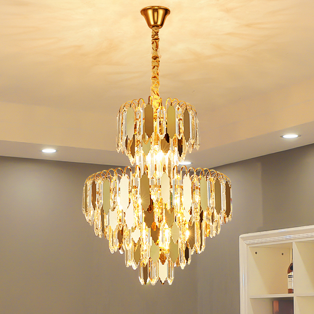 Golden LED chandelier with shining crystals for indoor lighting in homes or restaurants, 50cm diameter