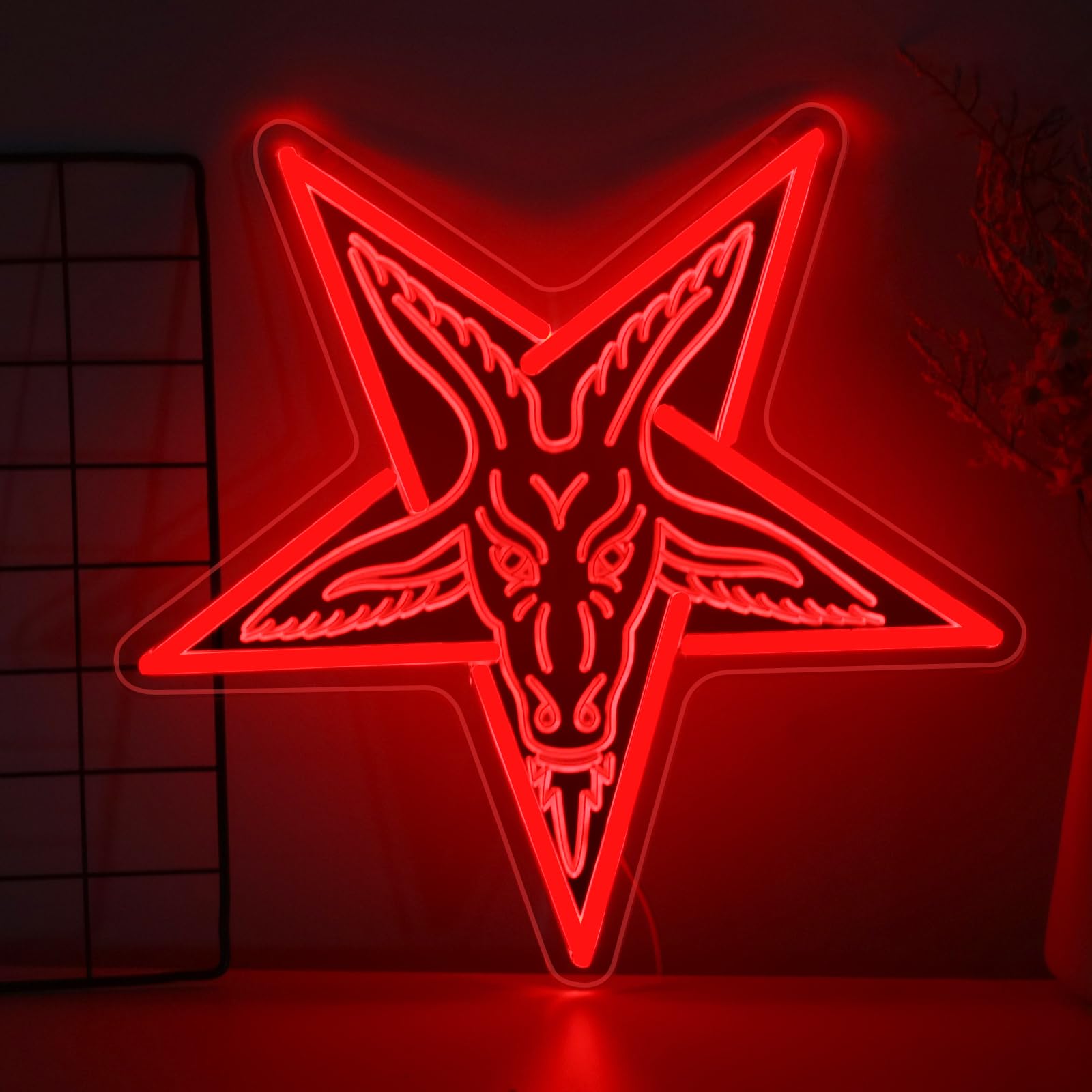 Gothic Baphomet neon wall decor for Halloween, featuring inverted pentagram and demonic sigil designs