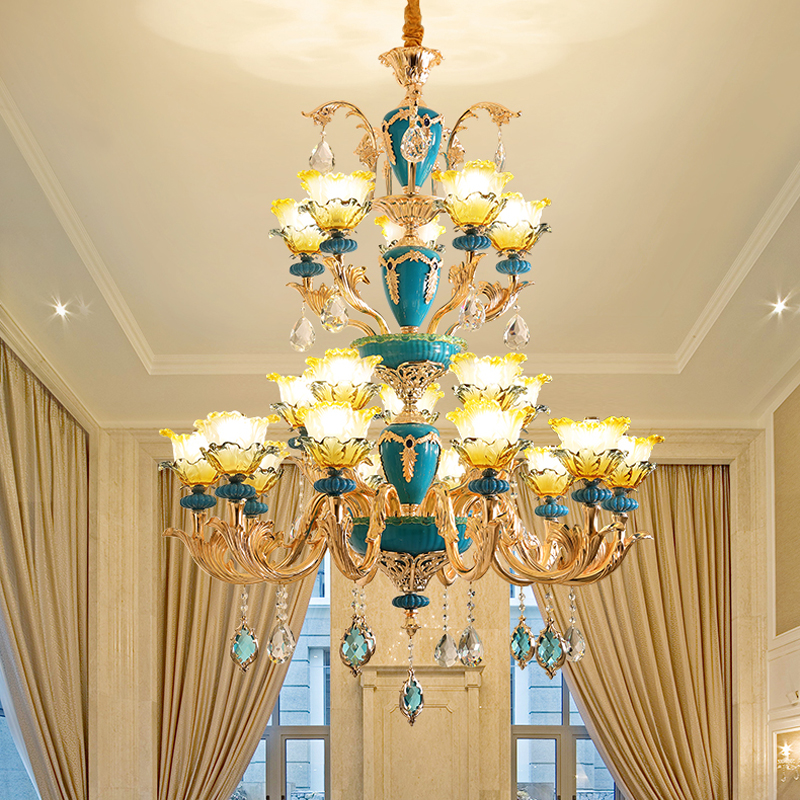 Grand European crystal chandeliers for villas, living rooms, hotel lobbies and staircases with gold accents