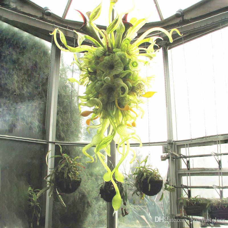 Green Foliage Design LED Hanging Chandelier with Hand-Blown Glass for Hotel and Villa Lighting