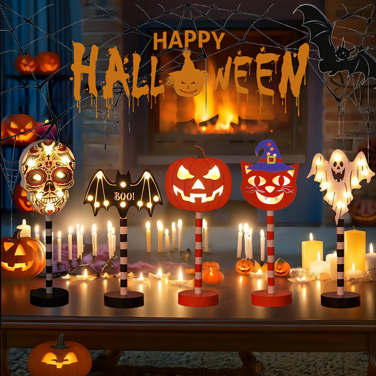 Halloween LED table lamp in wooden pumpkin, bat, ghost, or skull shapes with warm battery-powered light