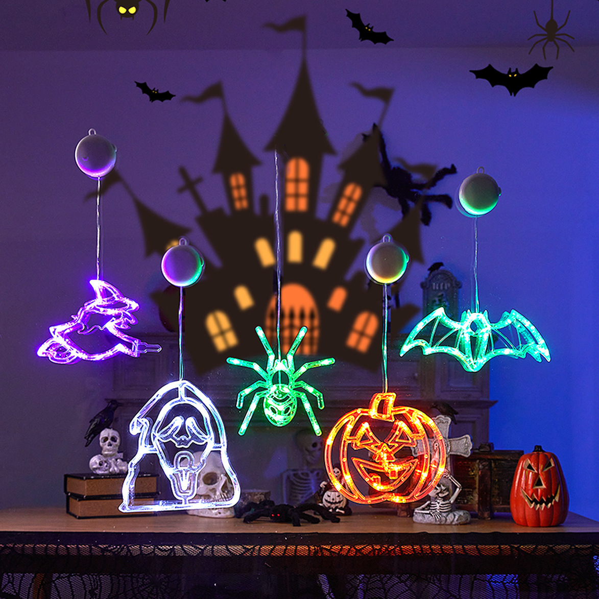 Halloween-themed suction cup LED lights featuring pumpkin, witch, bat, ghost, and gnome designs for window decorations
