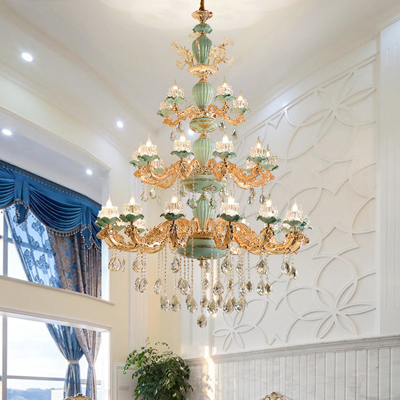 Hallway chandelier with antique gold finish, crystal accents, and stained glass design for elegant staircase lighting