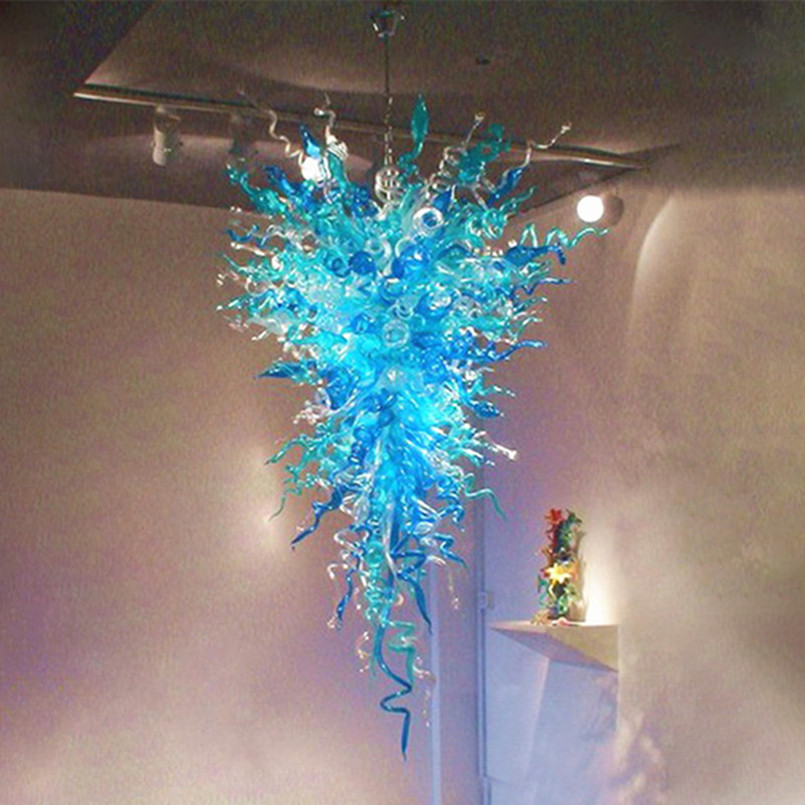 Handcrafted 48-inch LED chandelier with turquoise blue blown glass for home decoration