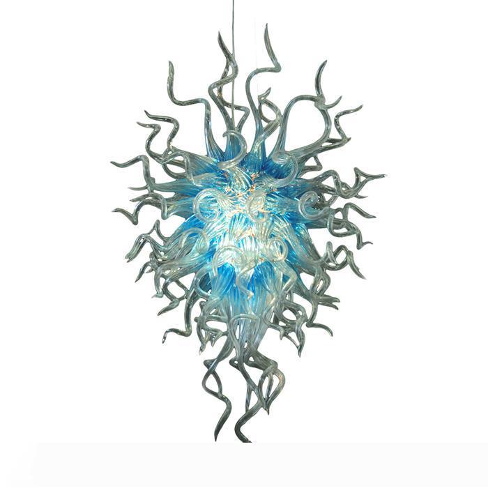 Handcrafted blown glass pendant light with LED, modern crystal chandelier for living spaces featuring blue and clear glass art lighting