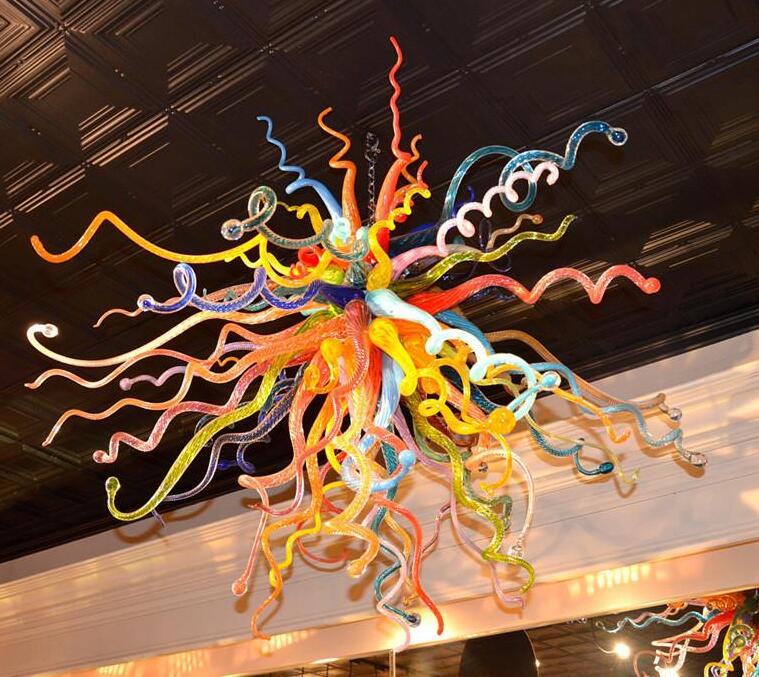 Handcrafted blown-glass chandeliers featuring vibrant modern designs for living and dining room decor
