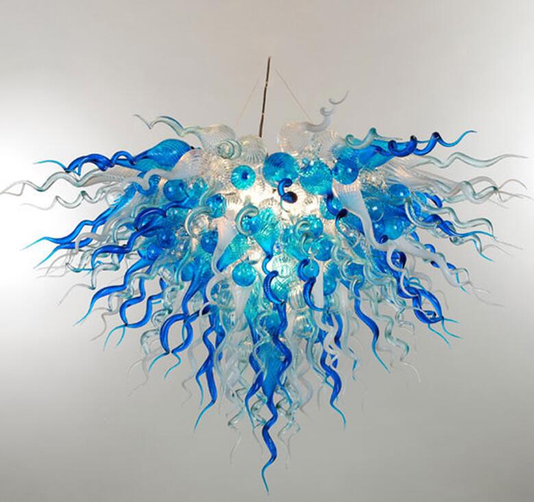 Handcrafted blue and clear glass chandelier with LED bulbs in classic Italian Murano style