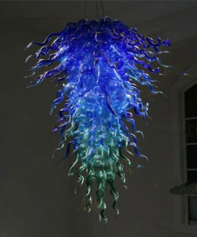Handcrafted blue and green glass chandelier, custom pendant light for dining or bedroom