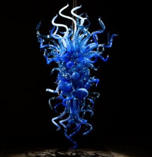 Handcrafted blue glass chandelier with LED bulbs, featuring elegant curly and ball designs for stylish home suspension lighting