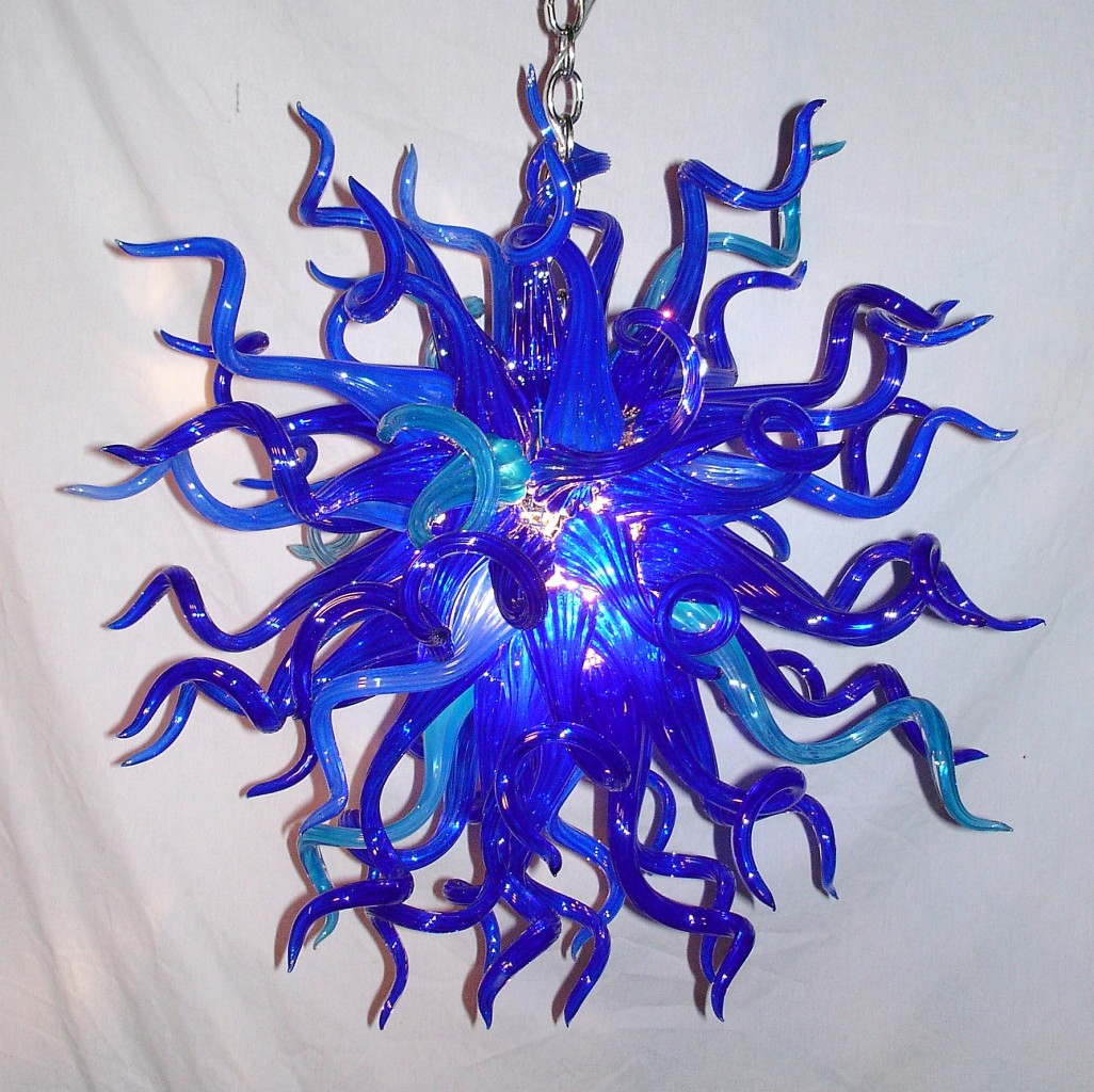 Handcrafted blue LED chandelier lamps for stylish bedroom and living room decor, featuring mini crystal pendant designs