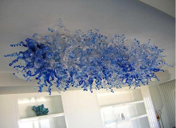 Handcrafted Italian blue glass chandelier with LED lighting and custom crystal ceiling fixtures