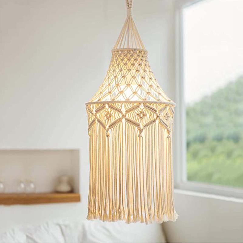 Handcrafted macrame lampshades for bohemian home decor, weddings, and chandelier embellishments with tassel wall hangings