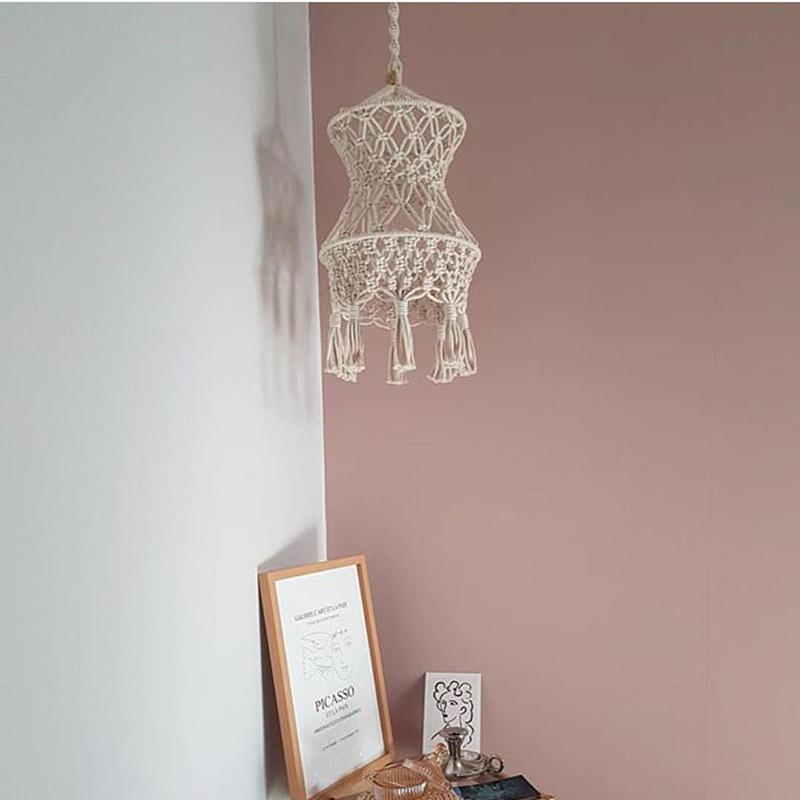 Handcrafted macrame pendant lampshade with boho chic style for ceiling light decor, featuring tassels and measuring 30x45cm