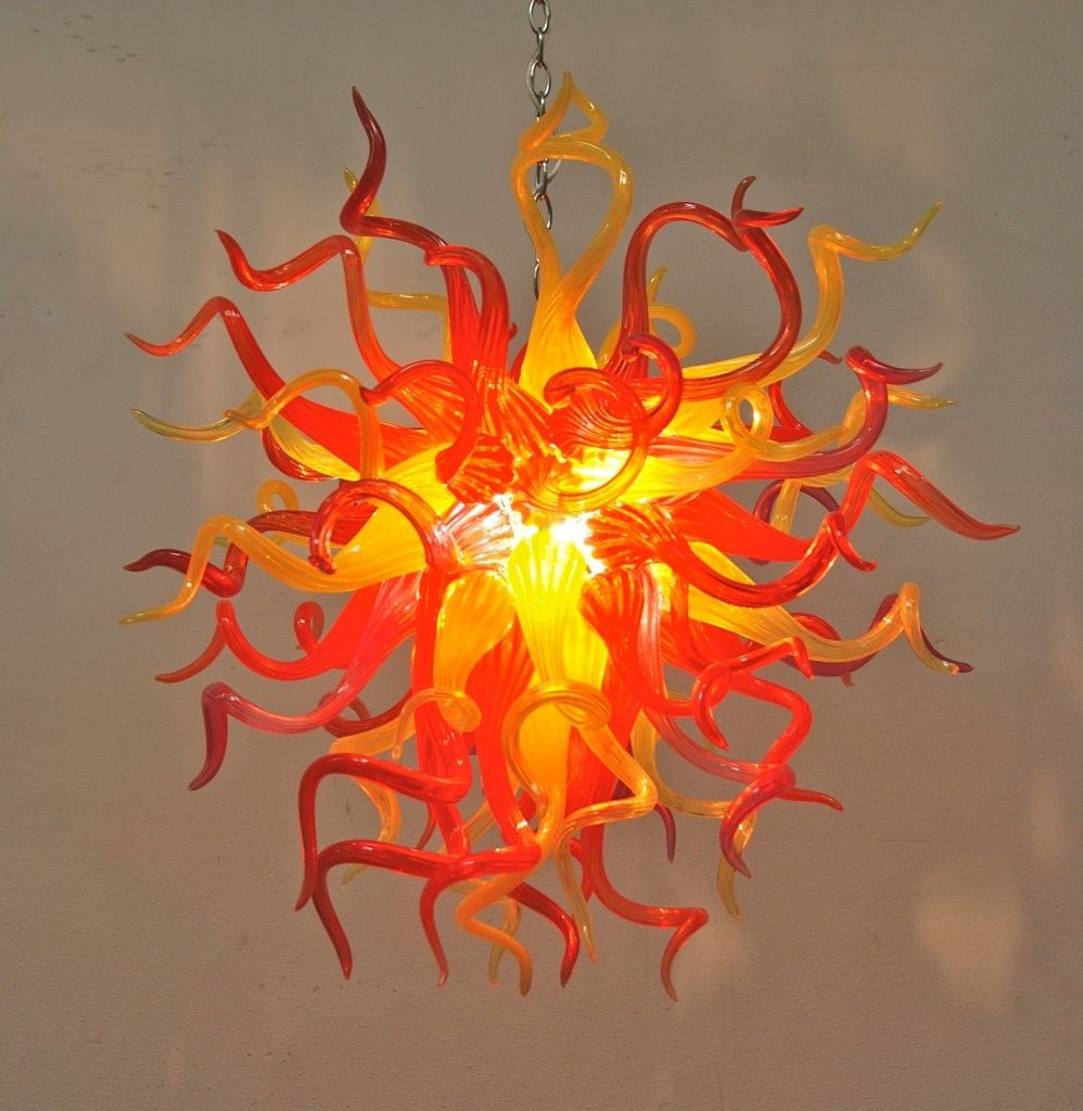 Handcrafted modern chandelier featuring blown glass floral designs with LED lighting and chain suspension