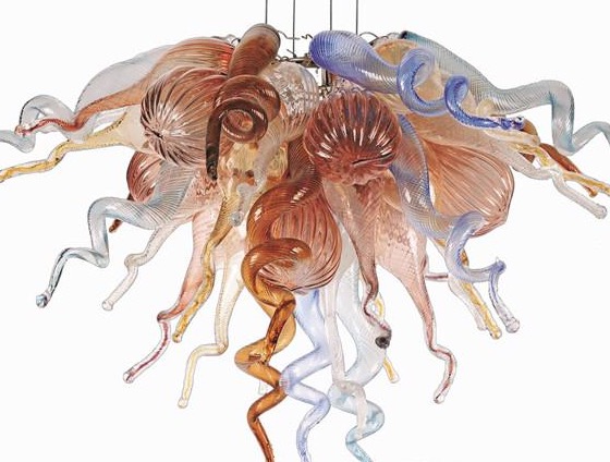 Handcrafted multicolored glass flush mount chandelier with hanging chain for affordable home lighting decoration