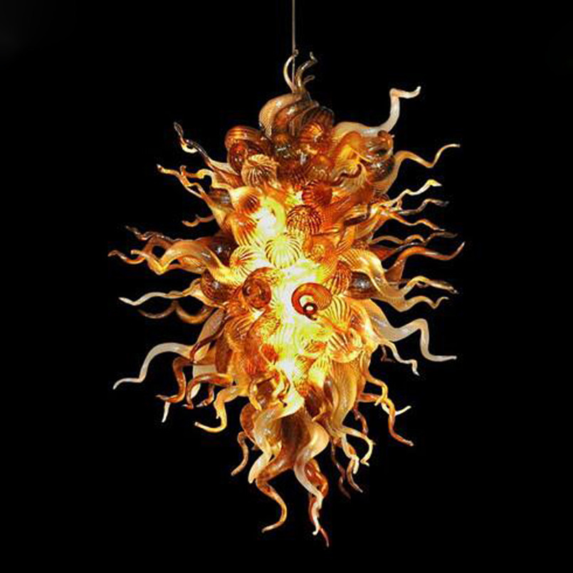 Handcrafted yellow blown glass chandeliers, 60cm wide and 80cm tall, for stylish home lighting decor