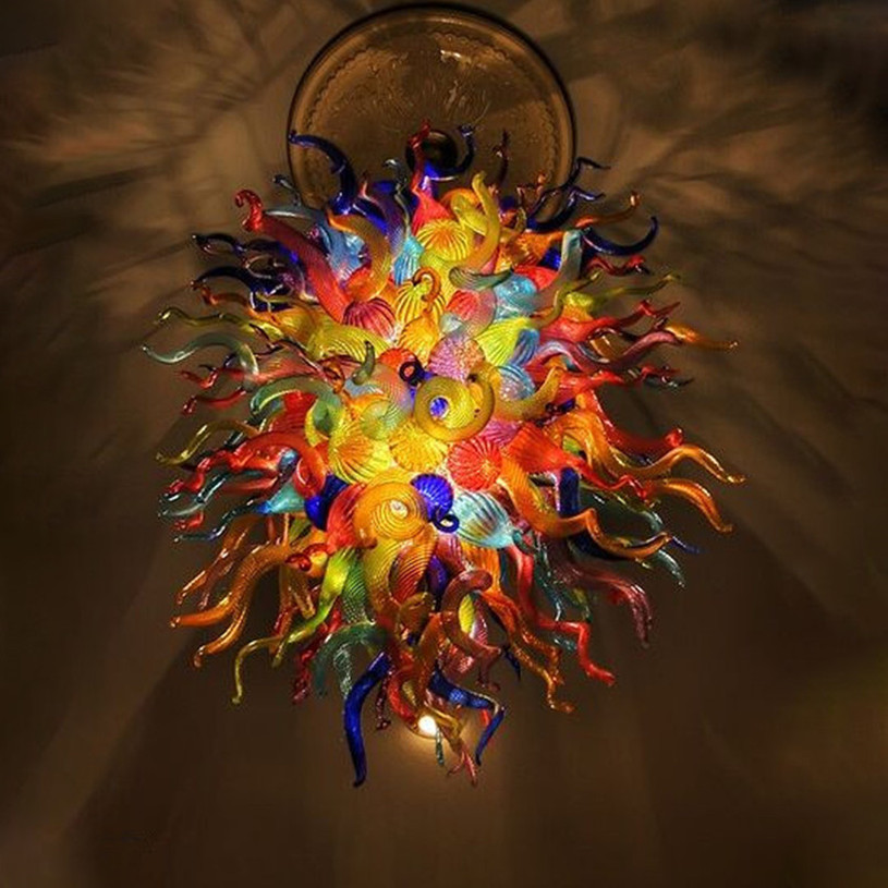 Handmade multicolored blown glass pendant LED chandeliers, customizable for hotels, restaurants, and malls