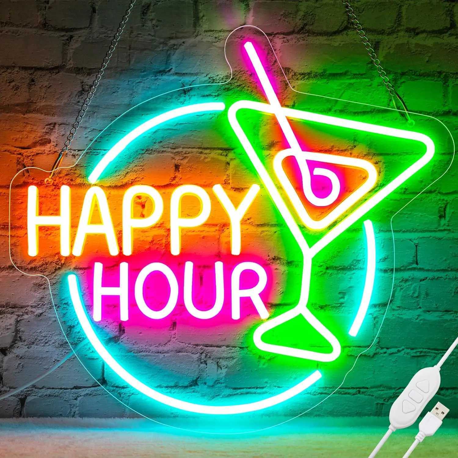 Happy Hour dimmable LED neon sign with 5V USB power, ideal for wall decor in bars, clubs, and birthday parties