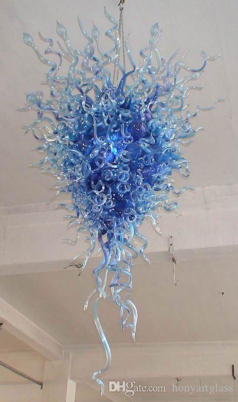 High Hanging Large Aqua Turquoise Murano Glass LED Chandelier with Hand Blown Blue Glass