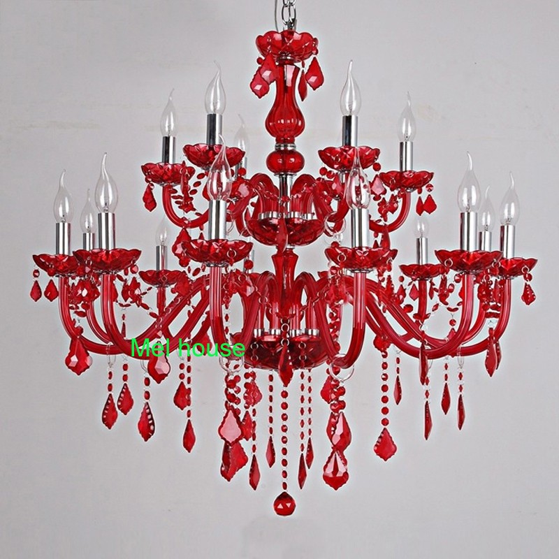 High-ceilinged red living room crystal chandelier with large LED vintage design and candle holder shades for hotel entrance lighting