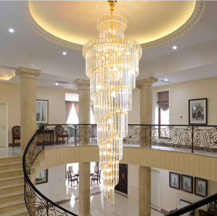 High-end crystal chandelier with double staircase design for elegant villa and hotel lighting, featuring a long spiral pendant lamp