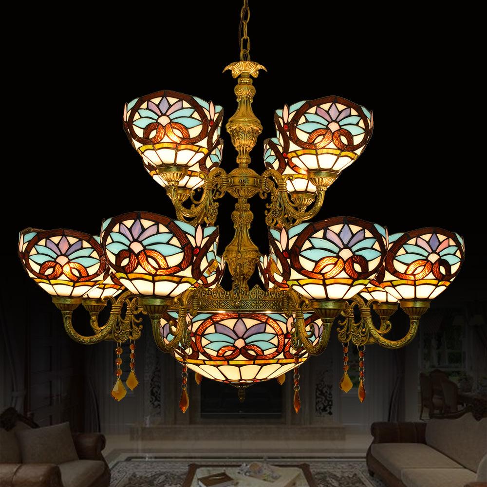 High-end Tiffany-style living room chandelier lamp with European retro Mediterranean design for villa dining rooms