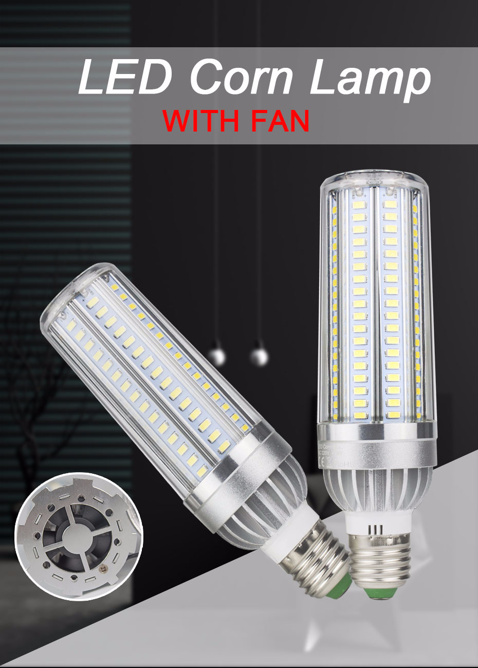 High-power LED corn bulbs in 25W, 35W, and 50W with E26/E27 base, featuring aluminum cooling fans for flicker-free illumination and quick shipping