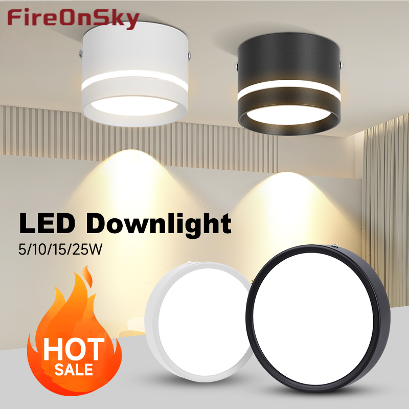High-quality modern LED downlights in white and black iron finishes, available in 5W, 10W, and 15W surface-mounted options