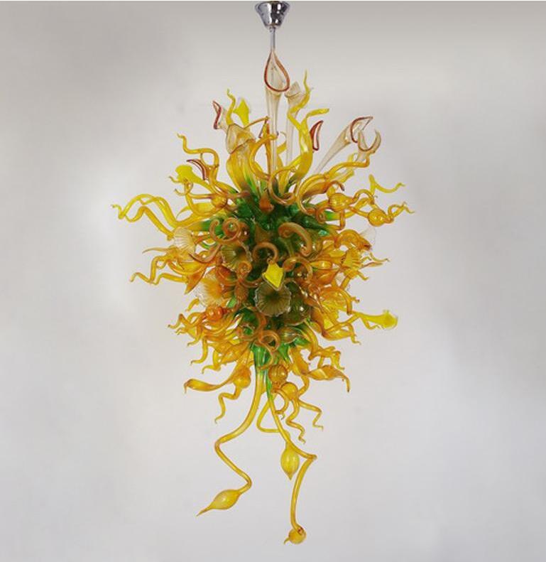 High-quality pendant lamps featuring long flower chandeliers with amber and green glass shades, modern hand-blown glass design and LED lighting