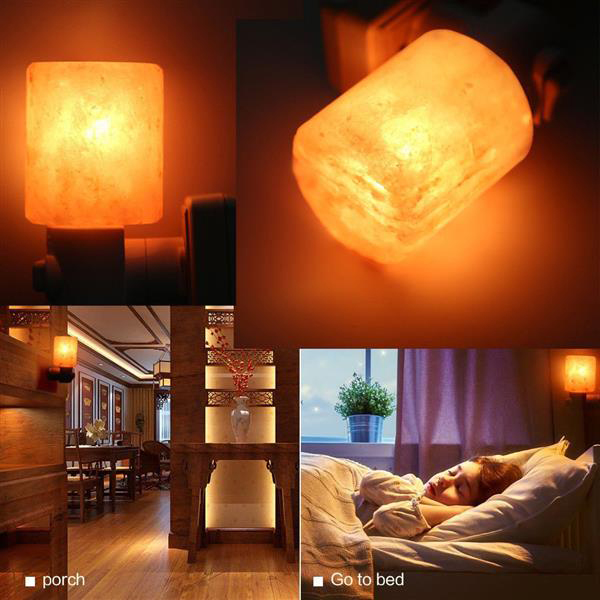 Himalayan natural rock salt lamp with wooden base and amber dimmable night light for air purification