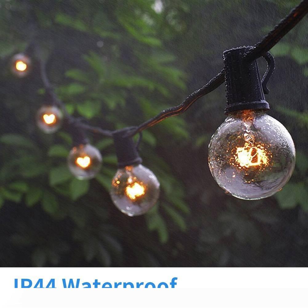 Holiday LED string lights for outdoor parties, available in 5W with 50ft or 100ft lengths featuring globe bulbs, suitable for indoor and outdoor use in all weather conditions