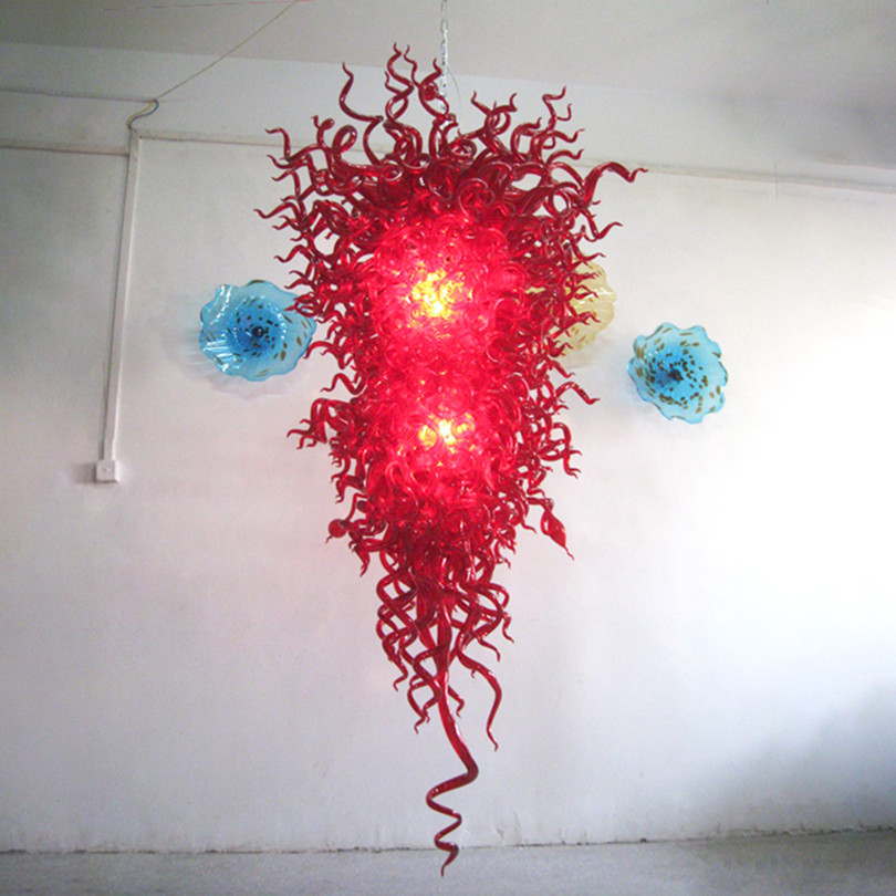 Home decor pendant lamp in red, 70x120cm art chandelier with handcrafted glass crystals for cafes, bedrooms and living spaces