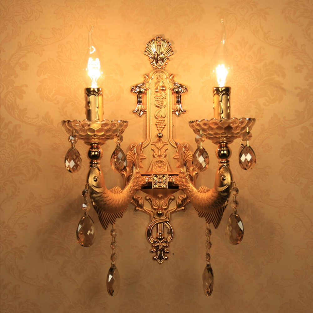 Home LED mirror lights in gold, wall-mounted crystal decor for interior lighting, elegant sconces perfect for bedroom or fish tank ambiance