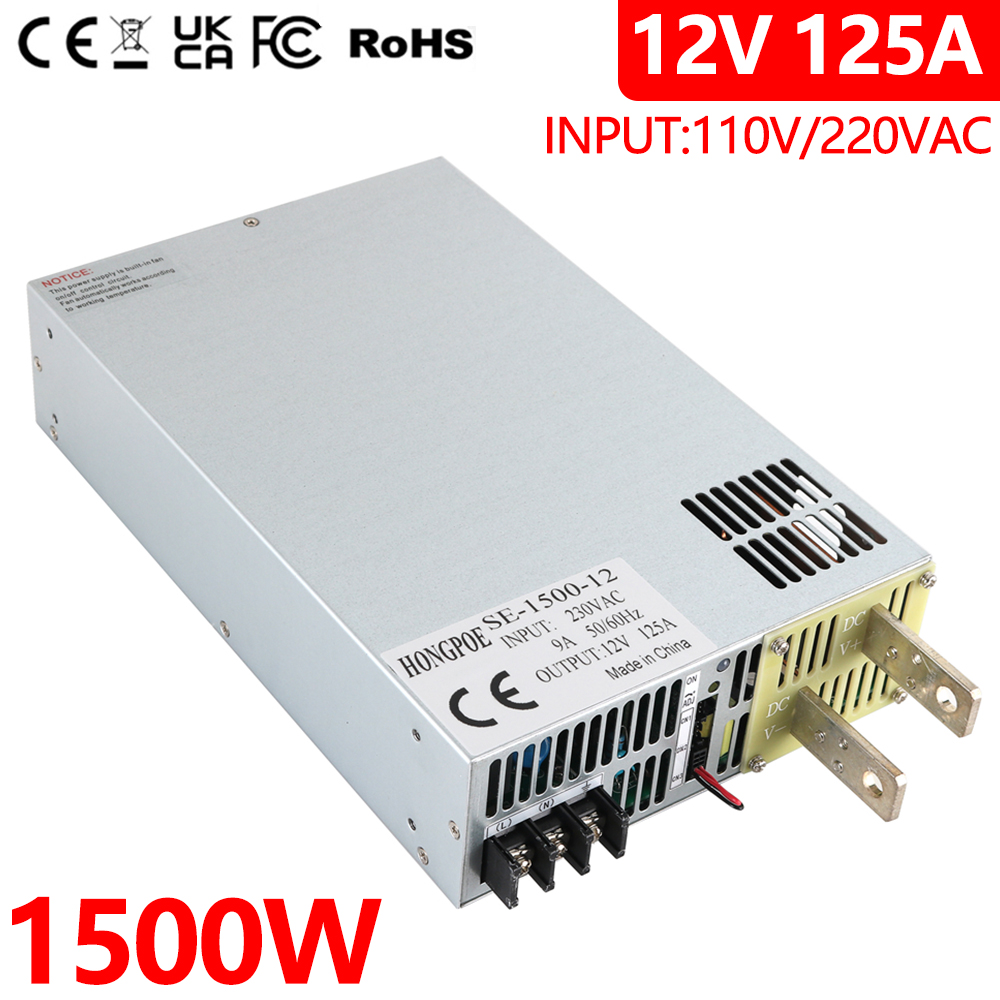 HONGPOE 1500W 12V high-performance adjustable power supply with 0-12V DC output and 0-5V analog signal control, 125A capacity, compatible with 110V/220V AC input