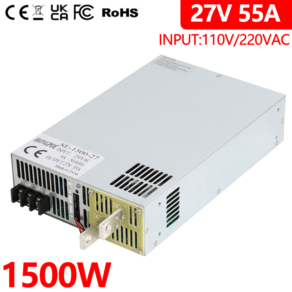 HONGPOE 1500W 27V high-performance adjustable power supply with 0-27V DC output, 55A capacity, analog signal control, and 110V/220V AC input