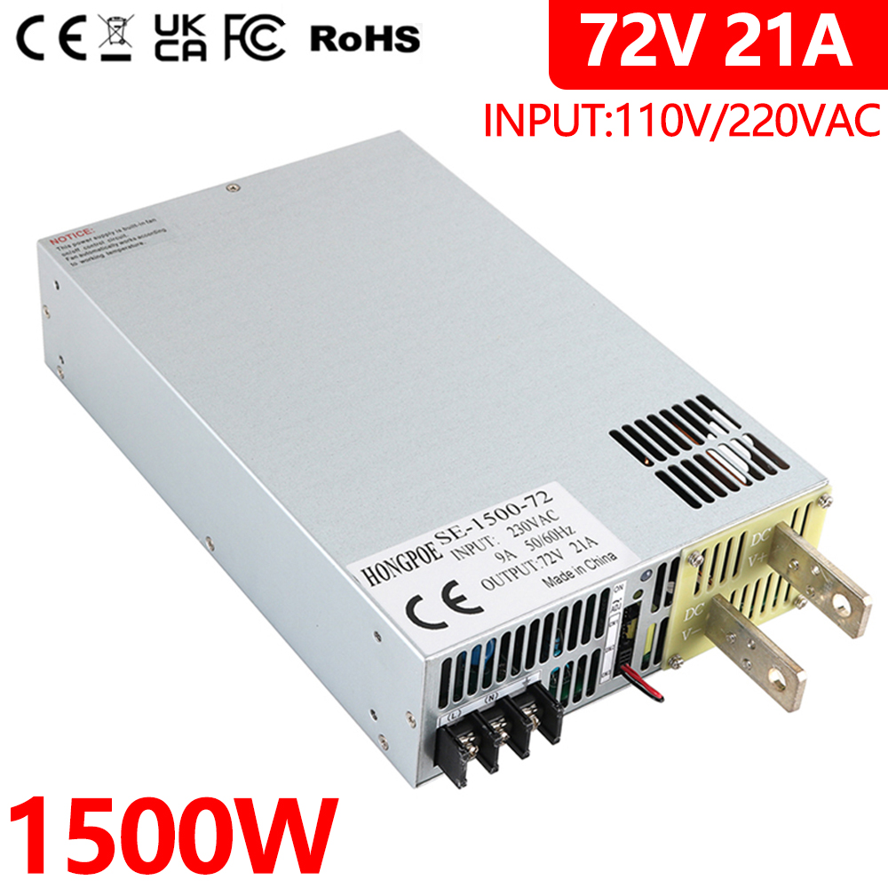 HONGPOE 1500W 72V high-performance adjustable AC-DC power supply with 0-72V output, 0-5V analog control, and 110V/220V input, delivering 20A at 72VDC