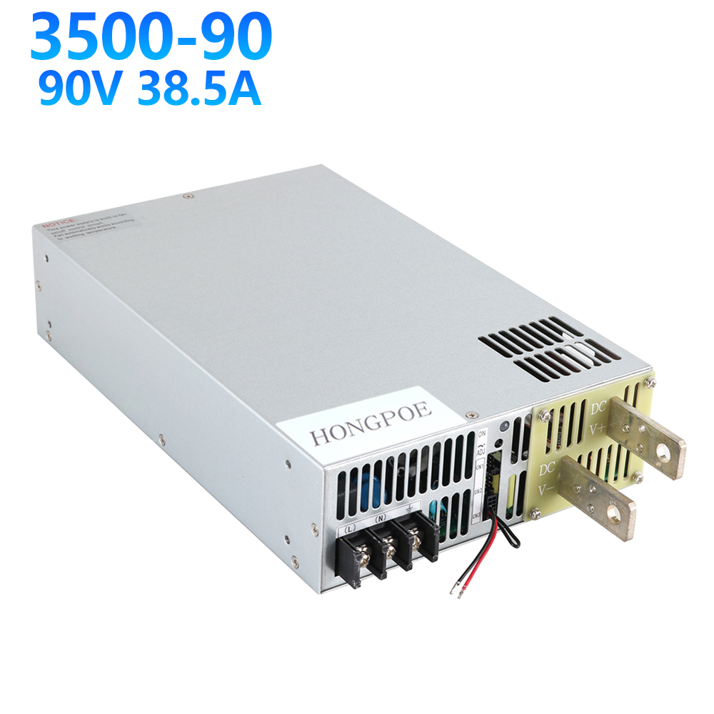 HONGPOE 3500W 90V adjustable power supply with 0-90V DC output, 38.5A current, and 0-5V analog signal control, compatible with 110V/220V AC input