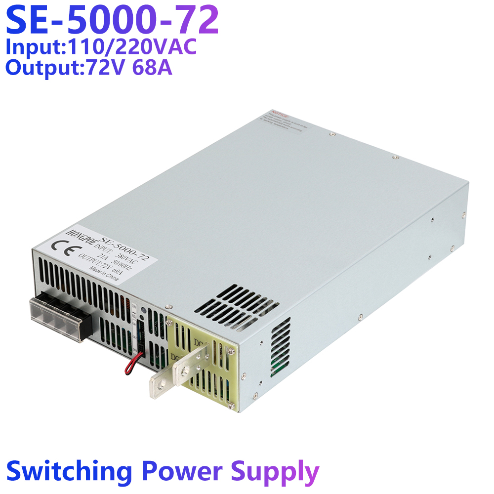 hongpoe 5000W 69A 72V power supply with 100V driver for LED strips, featuring 0-5V analog signal control and 0-72V adjustable output, model SE5000-72, compatible with 110VAC, 220VAC, and 380VAC inputs
