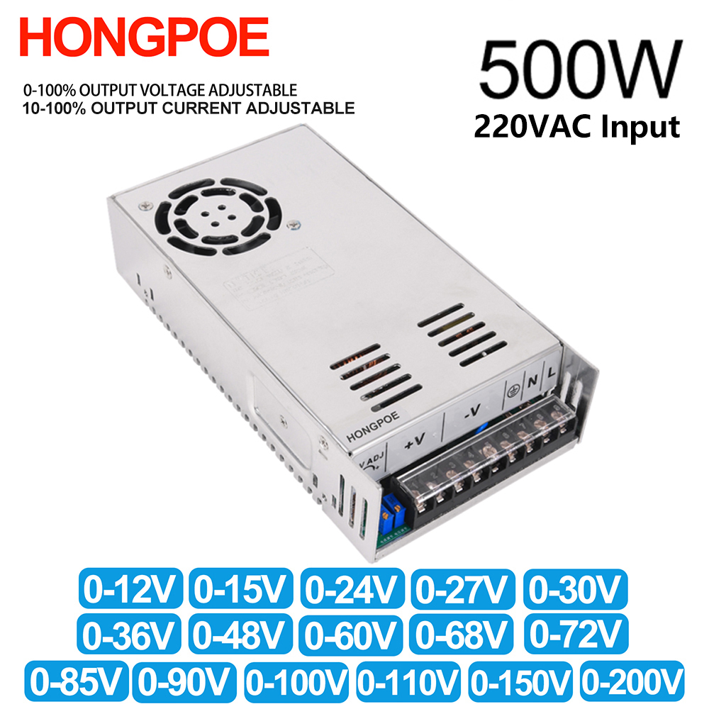 hongpoe 500w adjustable power supply with output options from 12v to 200v, AC to DC SMPS compatible with 110-220V input