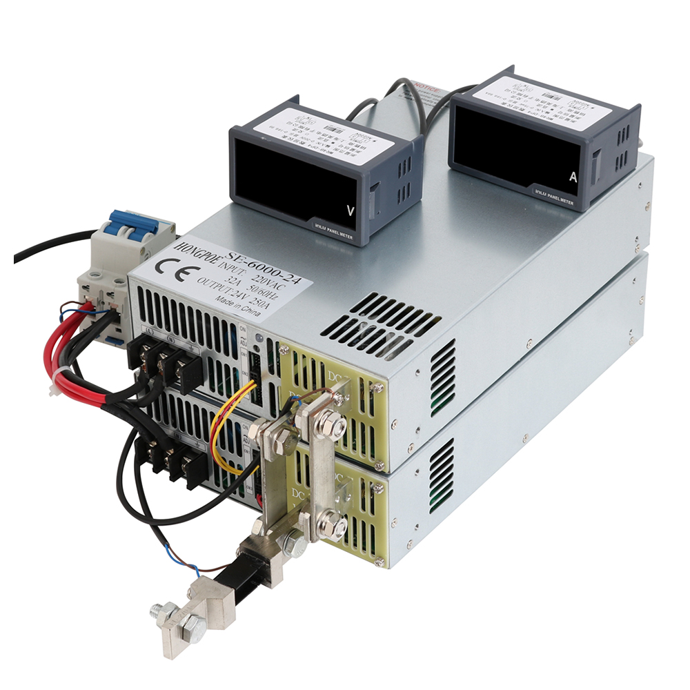 HONGPOE 6000W 24V adjustable power supply with 0-24V DC output and 0-5V analog control, model SE-6000-24, accepts 110V/220V AC input, delivering 250A at 24VDC
