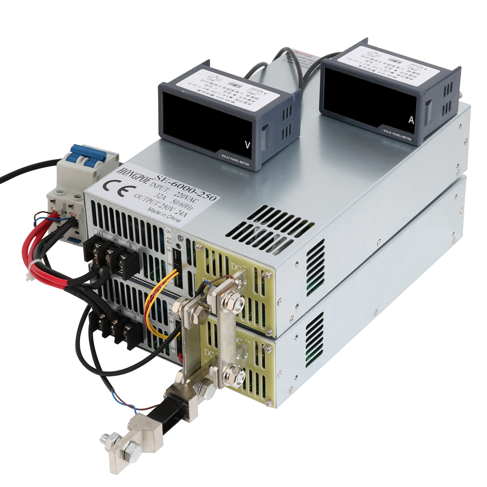 HONGPOE 6000W 250V adjustable power supply with 0-250VDC output and 0-5V analog control, 24A capacity, 220VAC input, model SE-6000-250