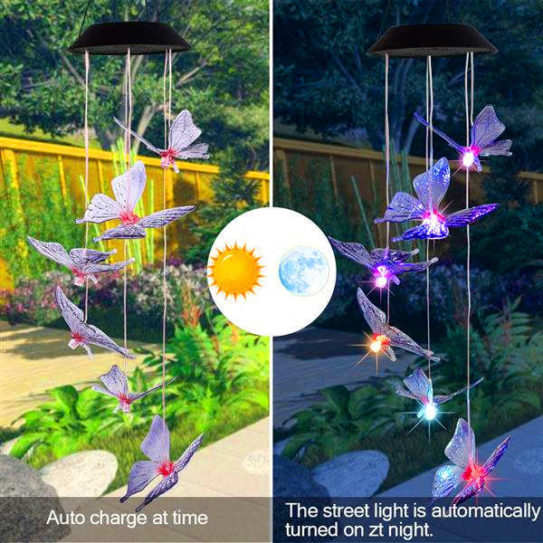 Hot sale 2v solar-powered smart light butterfly wind chime with colorful shell for corridor decor