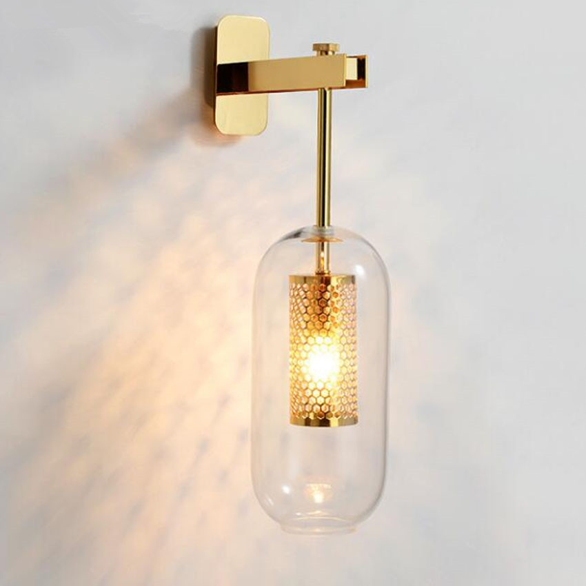 Indoor postmodern gold and black metal glass LED wall sconce for bedroom or hallway lighting