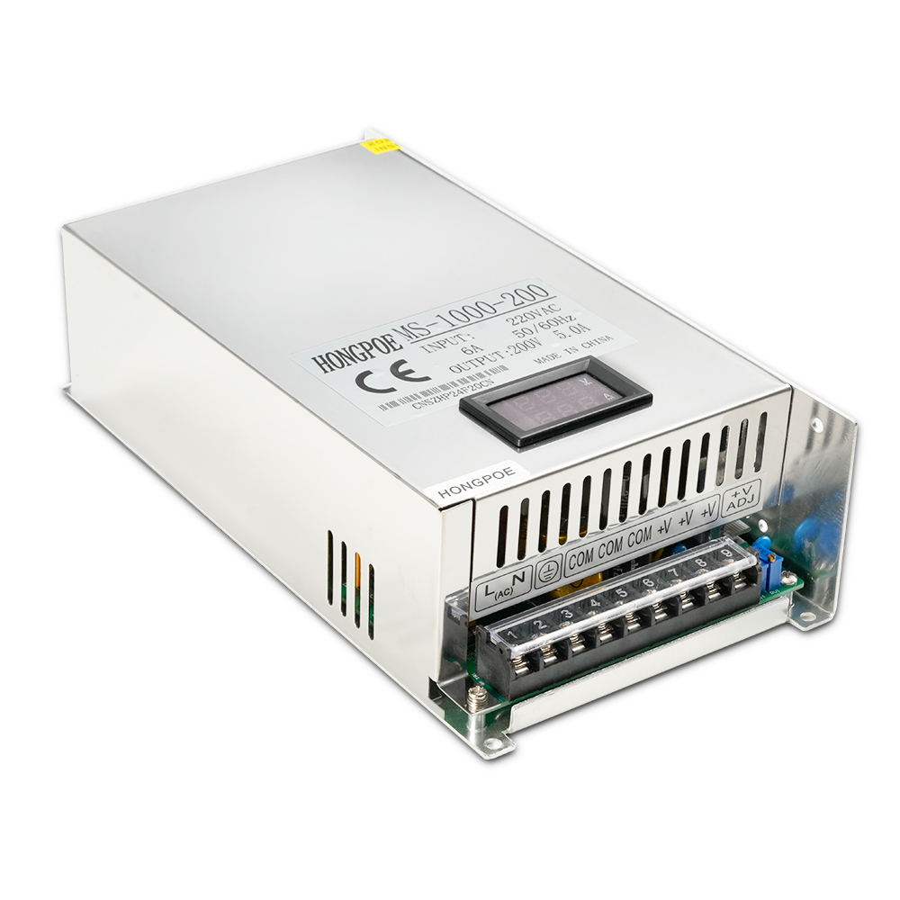 Industrial-grade 1000W adjustable LED power supply with dual 0-200V voltage range and 220V DC transformer