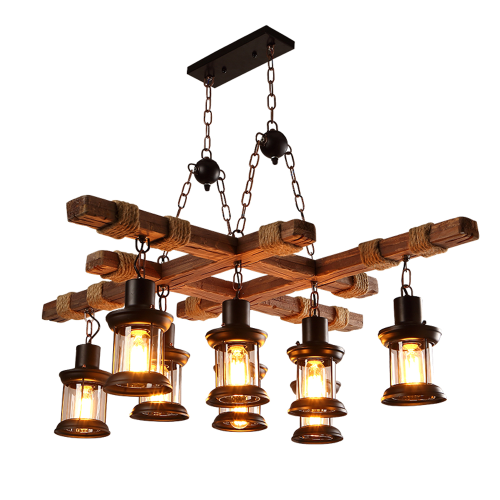 Industrial-style antique cafe pendant lamp with creative wood art and American retro design, featuring a hemp rope for a unique living room ambiance